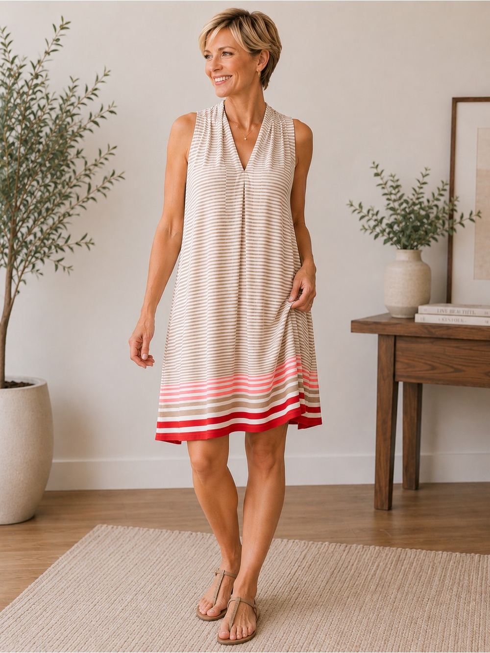 Max Edition Tan and Coral Sleeveless V-Neck Sundress